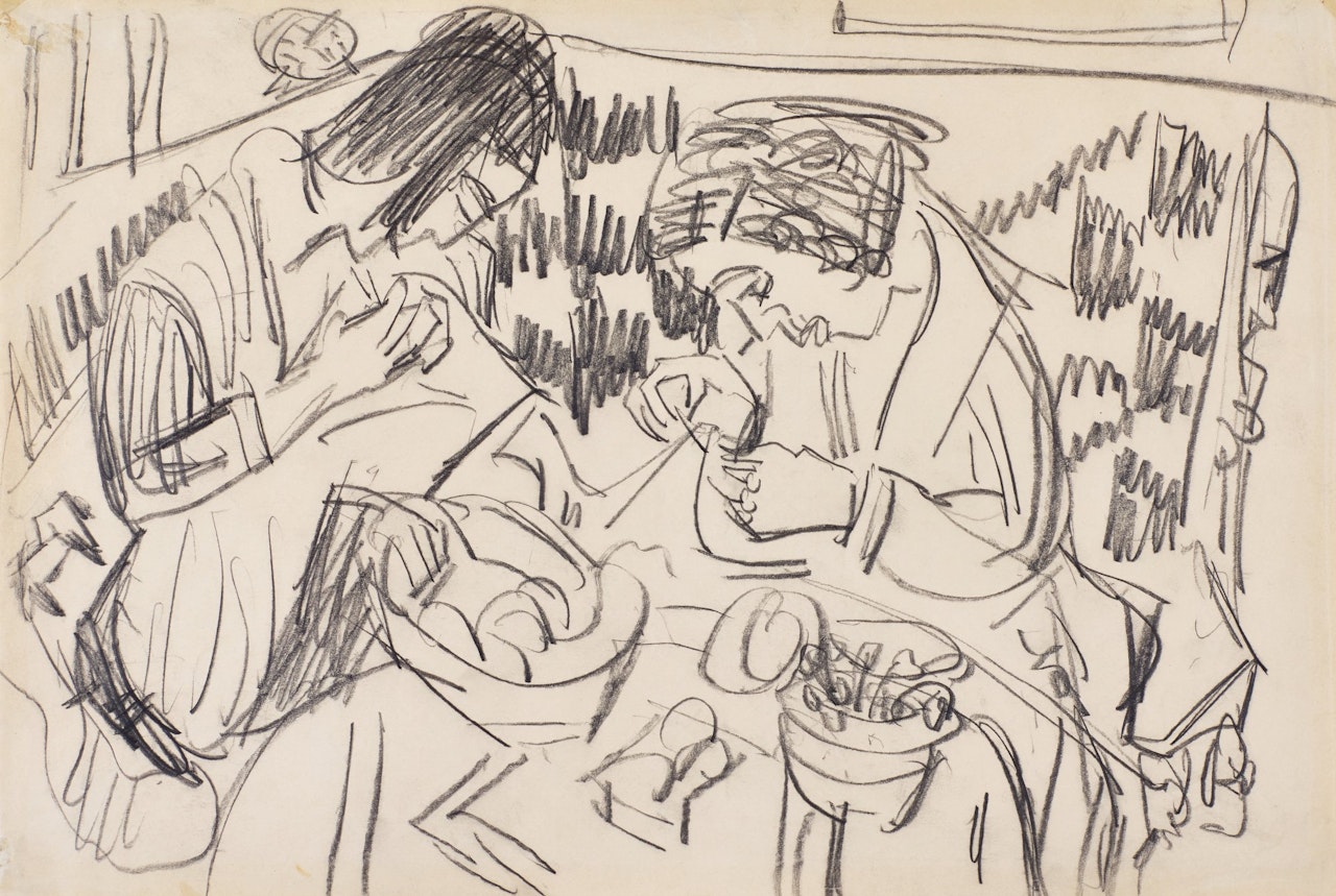 Zwei nähende Frauen am Tisch (Two Women Sewing at the Table) by Ernst Ludwig Kirchner