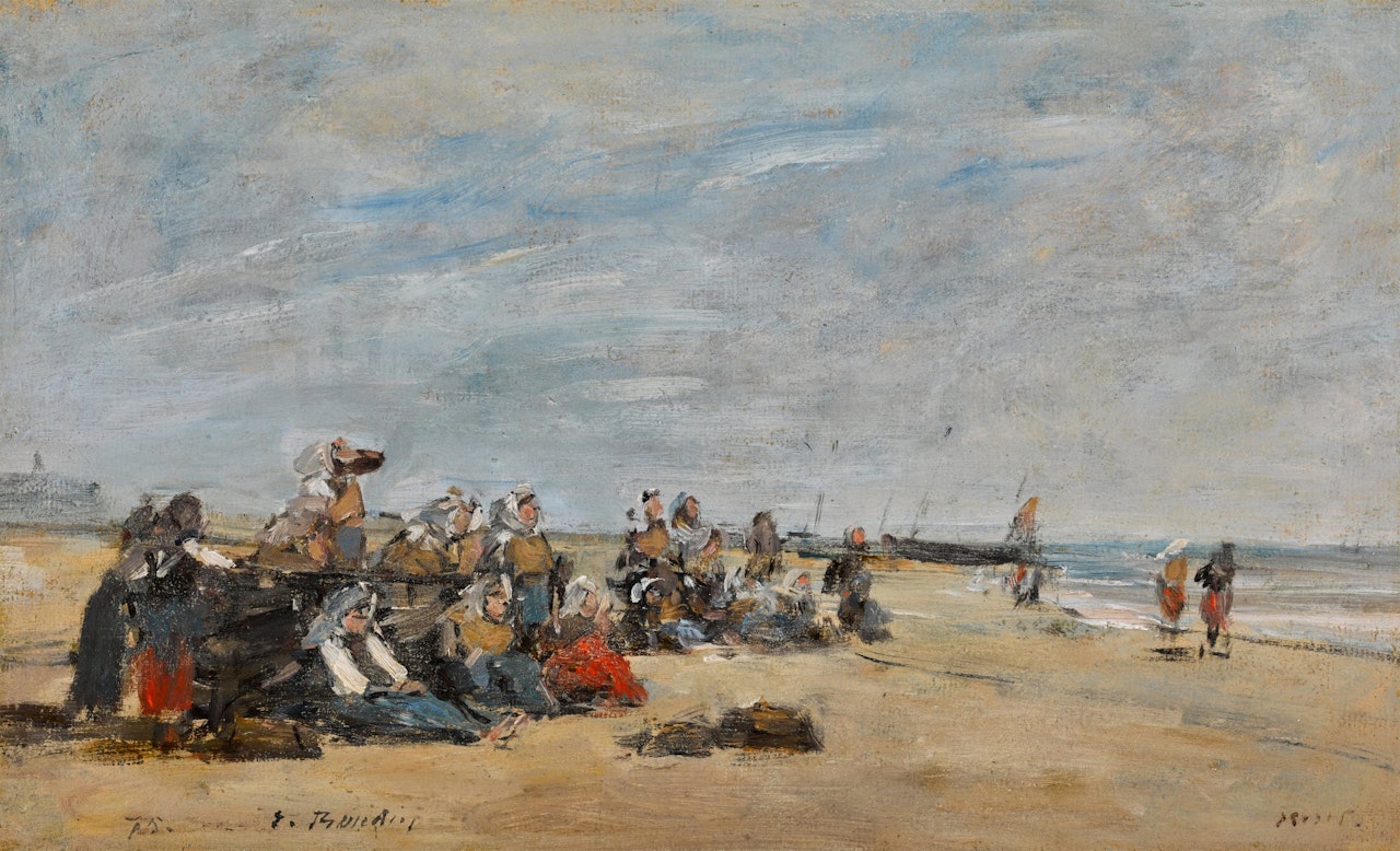 Berck, groupe de pêcheuses assises sur la grève by Eugène Boudin