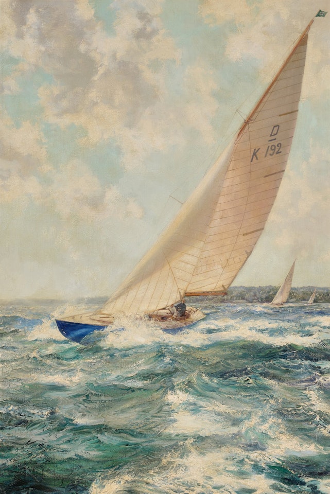 Bluebottle-Royal Racer, Helmed by the Duke of Edinburgh by Montague Dawson