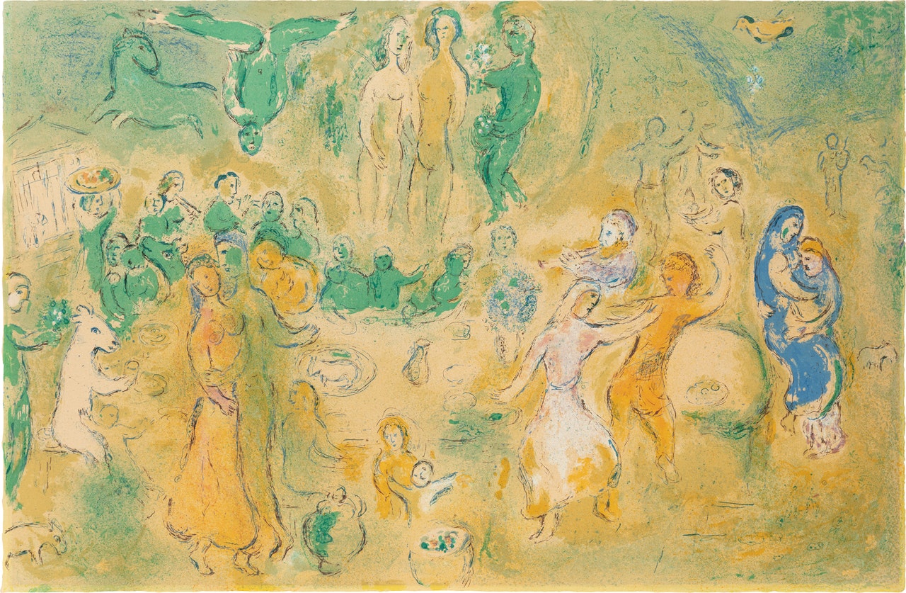 Festin nuptial dans la grotte des nymphes (Wedding Feast in the Nymph's Cave), from Daphnis et Chloé (M. 348, see C. bks 46) by Marc Chagall