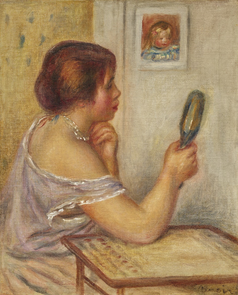 Marie Dupuis tenant un miroir avec un portrait de Coco ou Gabrielle devant son miroir by Pierre-Auguste Renoir
