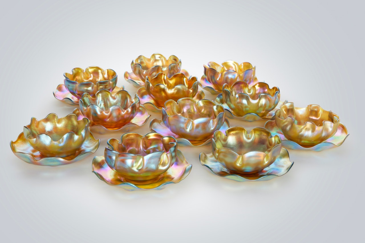 Set of Eleven Finger Bowls and Under Plates by Tiffany Studios
