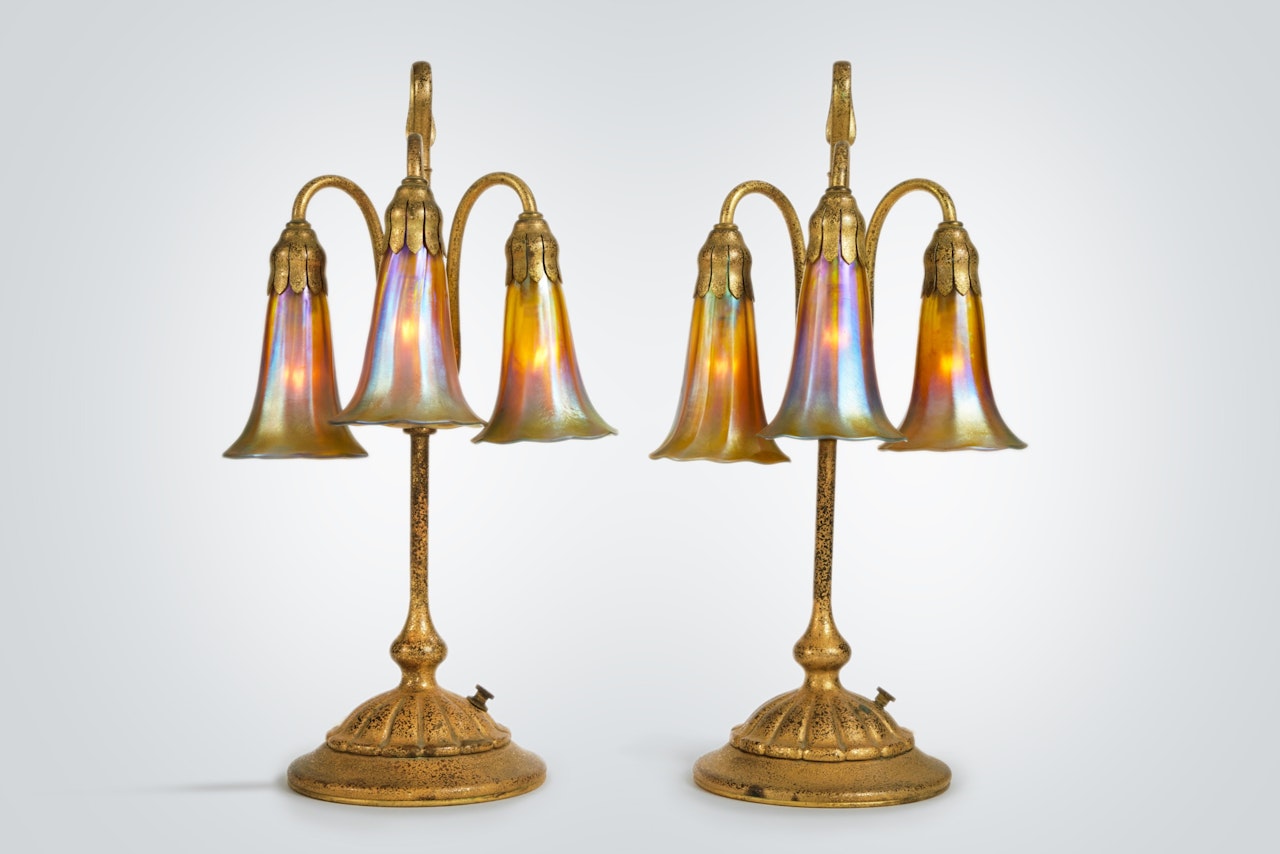Pair of Three-Light "Lily" Desk Lamps by Tiffany Studios