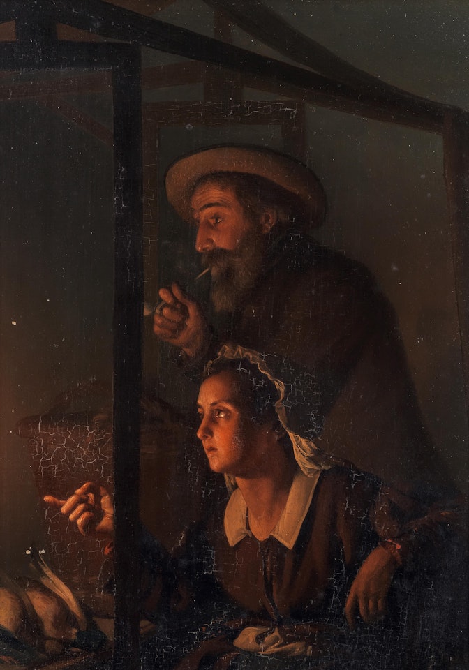 Market stall scene by Petrus van Schendel