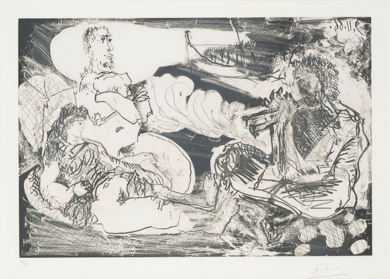 Joueur de diaule et couple au bord de la mer (Diaule Player and Couple by the Sea), from La série 347 by Pablo Picasso