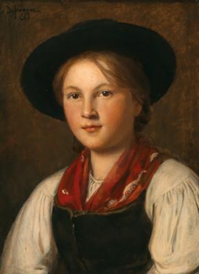 A Graceful Young Girl in Traditional Costume with a Hat by Franz von Defregger