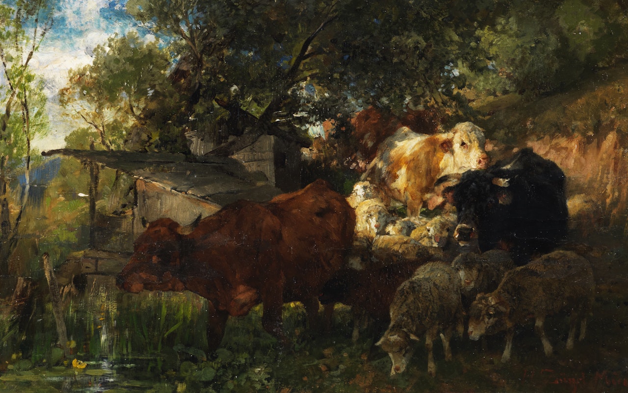 Kühe und Schafe an der Tränke by Heinrich von Zugel