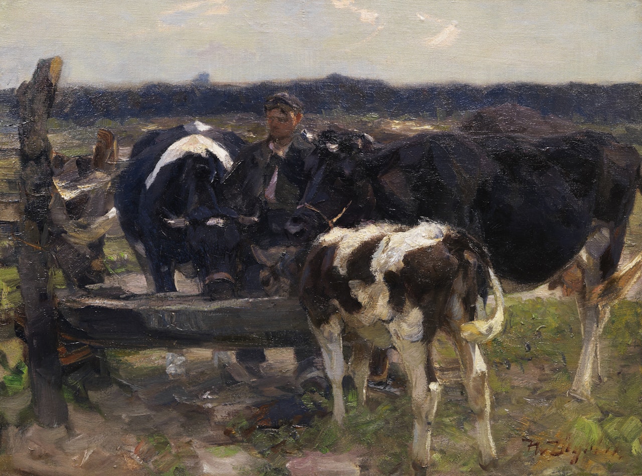 Kühe und Hirte an der Tränke by Heinrich von Zugel