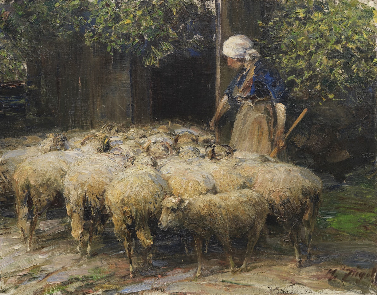 Schäferin mit Schafherde am Stall by Heinrich von Zugel