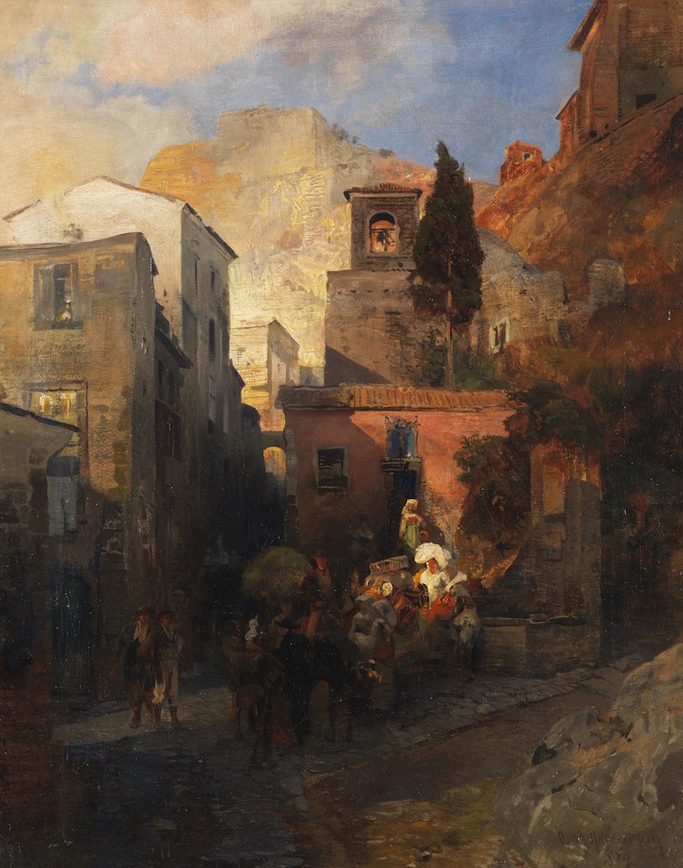 Straßenszene in einem italienischen Bergdorf by Oswald Achenbach