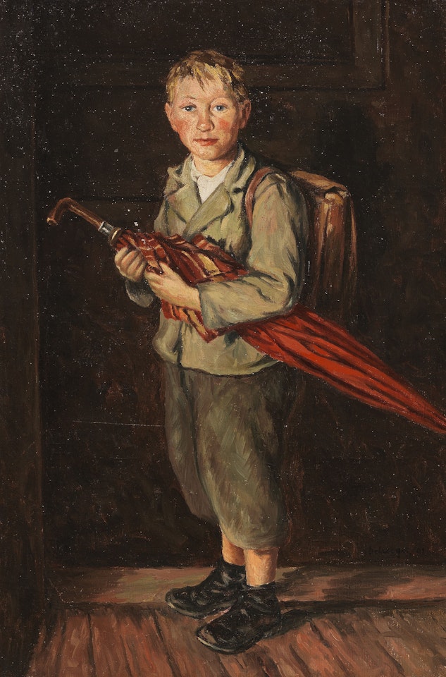Bauernbub mit Schirm und Ranzen by Franz von Defregger
