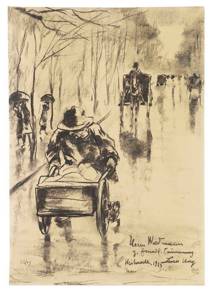 Mann mit Handkarren (Tiergartenstraße im Regen) by Lesser Ury