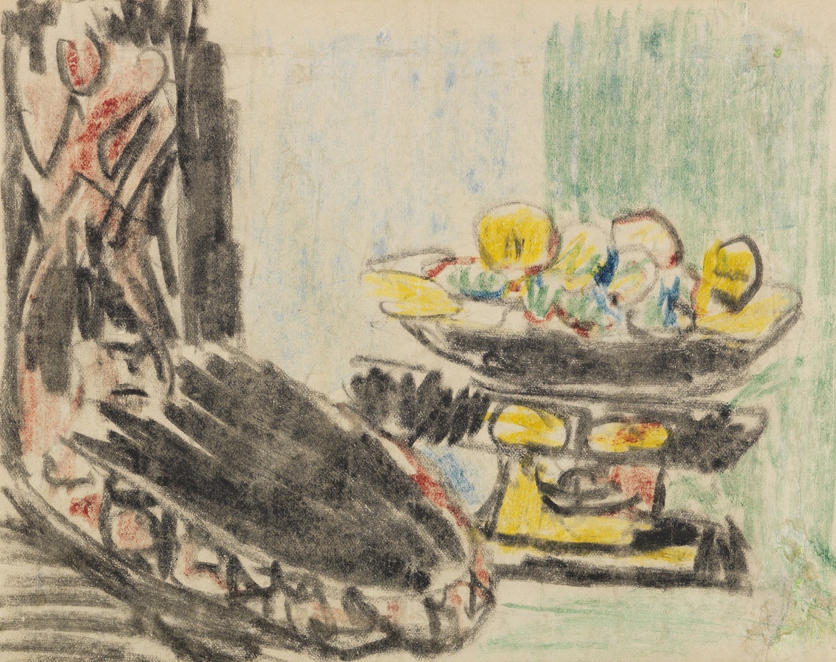 Stillleben neben geschnitztem Stuhl by Ernst Ludwig Kirchner