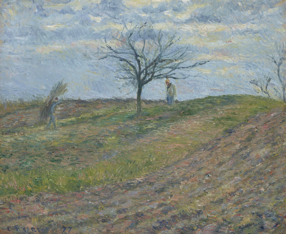 Terre labourée en hiver, avec un homme portant un fagot by Camille Pissarro