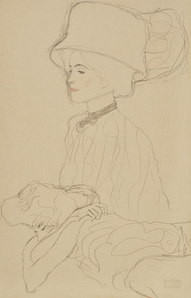 Bildnisskizze mit hohem Hut und liegende Frau by Gustav Klimt