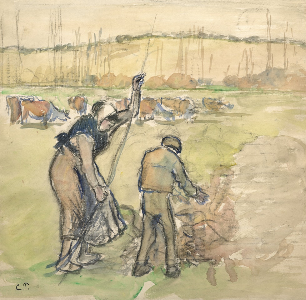 Paysanne et enfant faisant du feu by Camille Pissarro