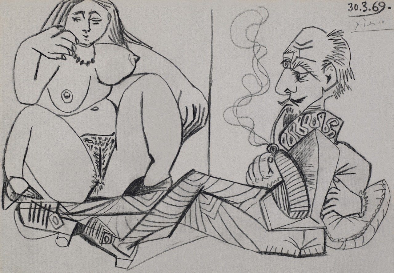 Homme à la pipe et nu assis by Pablo Picasso