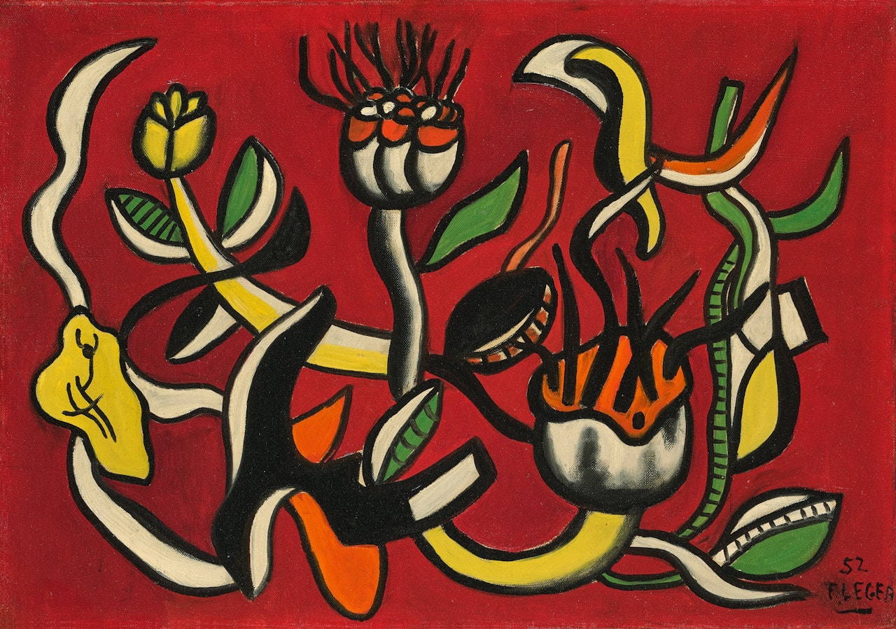 Des Fleurs sur un fond rouge by Fernand Leger