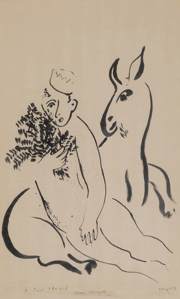 Homme couronné au bouquet et âne à Paul Eluard by Marc Chagall