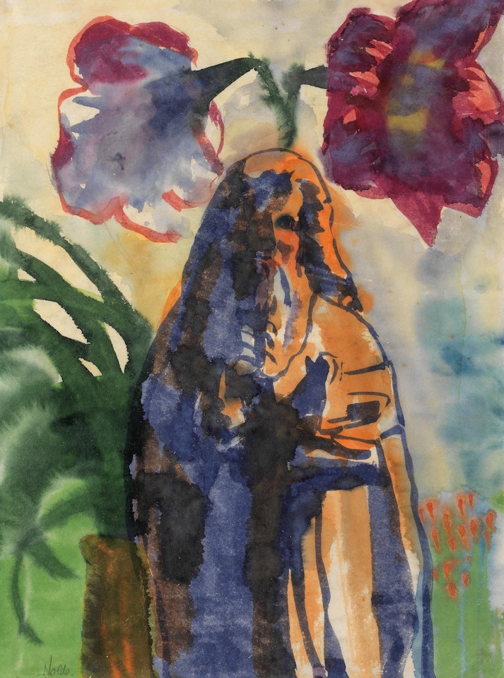 Amaryllisblüten mit Heiligenfigur by Emil Nolde