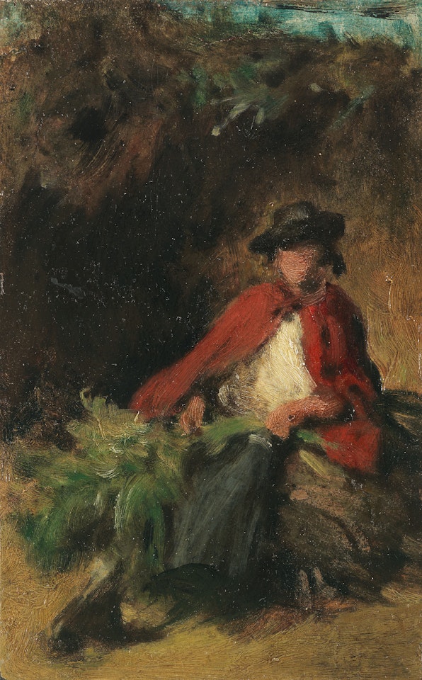 Sitzendes Mädchen mit rotem Umhang, einen Hasen vor sich by Carl Spitzweg