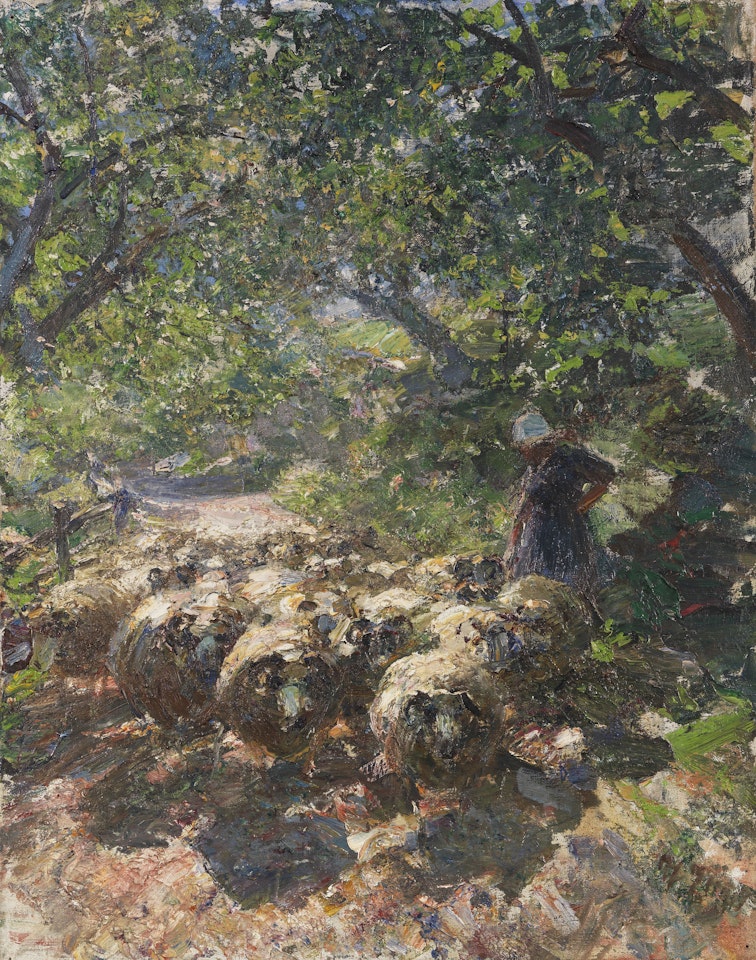 Schafherde mit Hirtin im schattigen Hohlweg by Heinrich von Zugel
