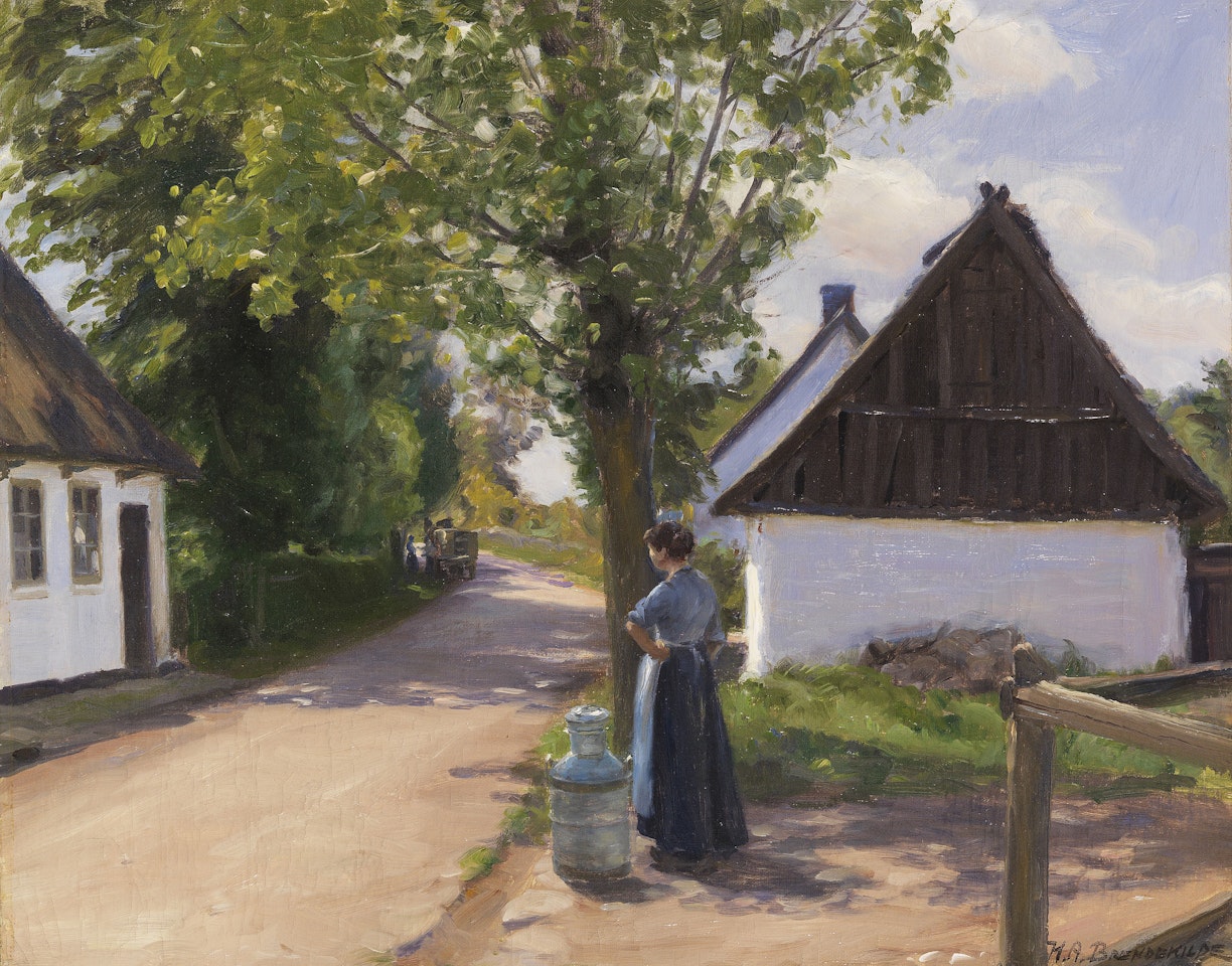 Dänische Dorfstraße mit Bäuerin und Milchmann by Hans Andersen Brendekilde