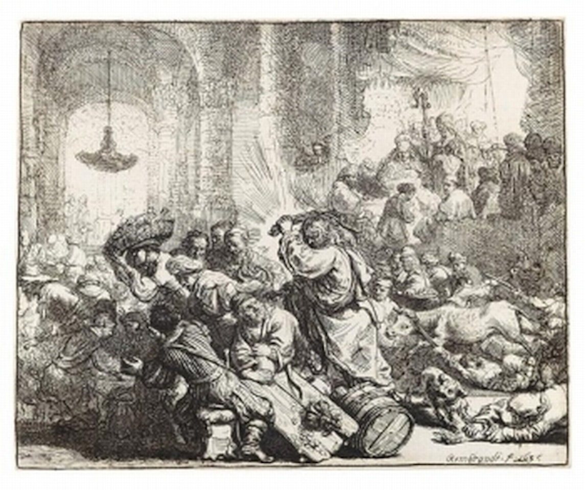 Christus die Handler aus dem Tempel treibend by Attributed to Rembrandt Harmensz van Rijn