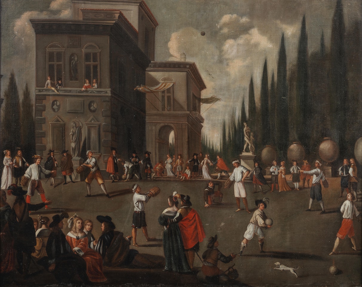 Figures playing il gioco della palla al bracciale in the grounds of a palace, traditionally identified as the Villa Borghese by Italian School