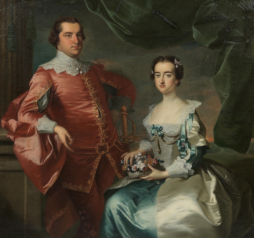 Portrait of Sir Thomas Hatton, 8th Bt. of Longstanton, Cambridgeshire and Lady Hatton, before a green curtain, a landscape beyond by Thomas Hudson