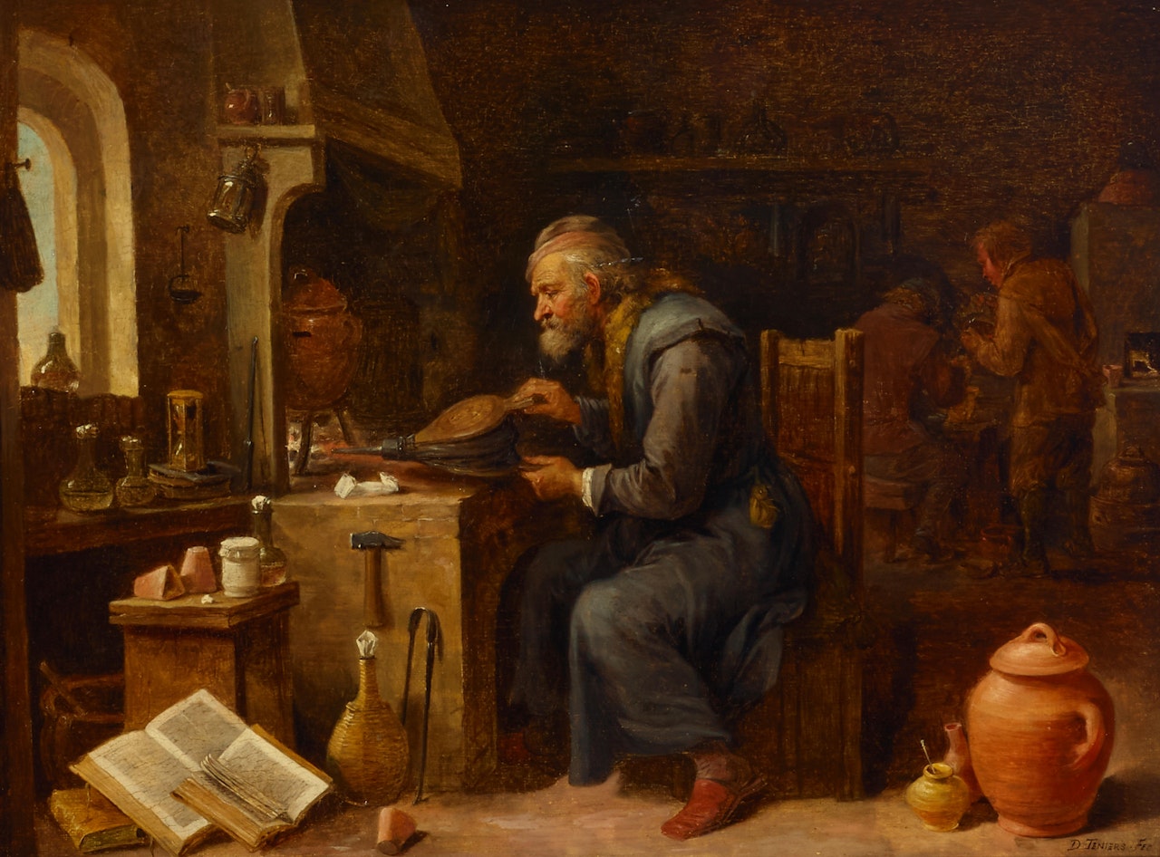 An alchemist in his workshop heating a pot by David Teniers II