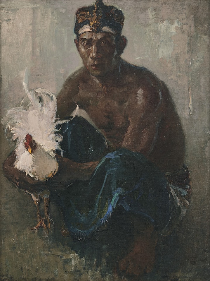 Balinese Man with Fighting Cockerel by Lee Man Fong