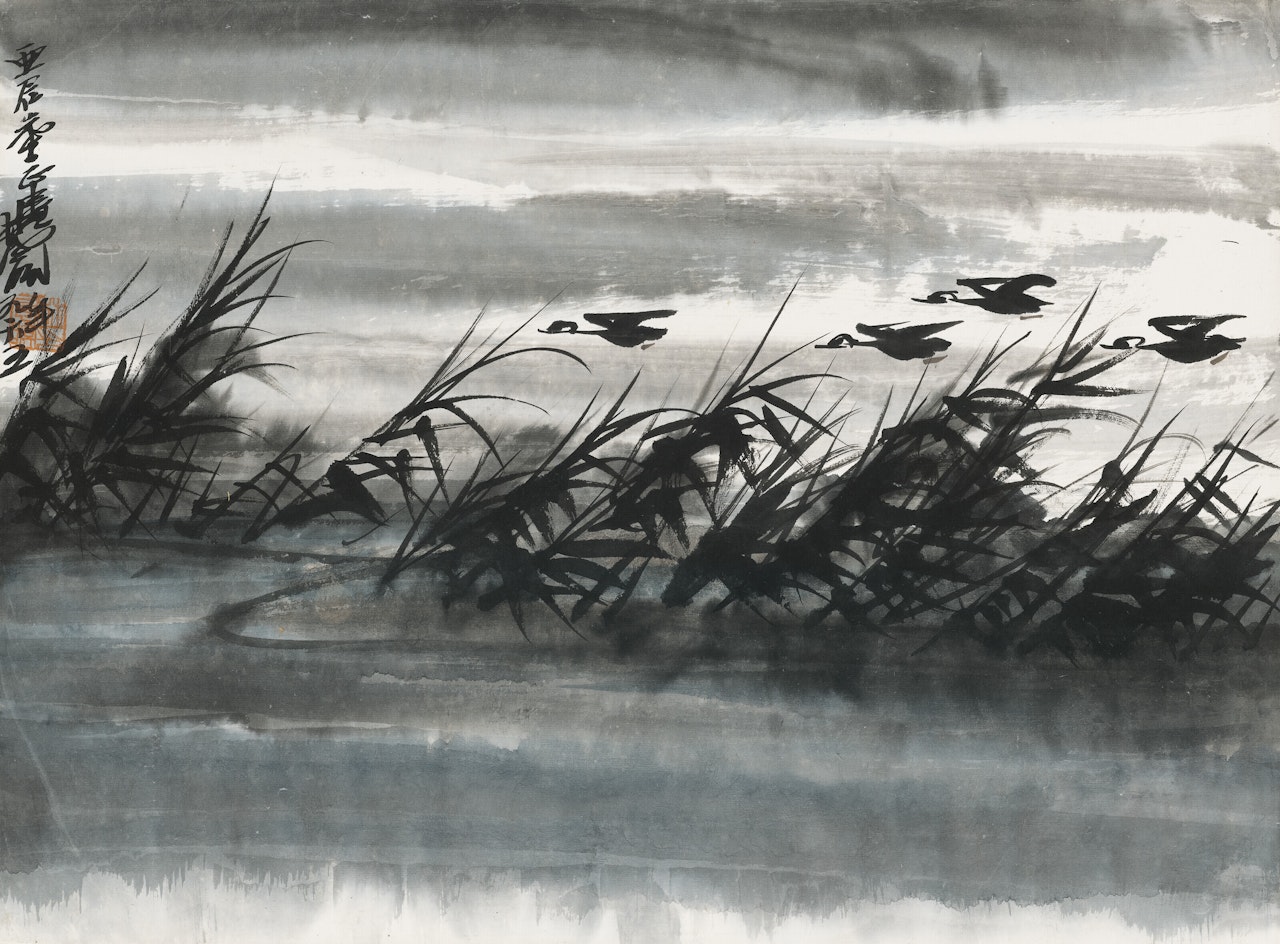 Geese Flying Over Reeds Pond by Lin Fengmian