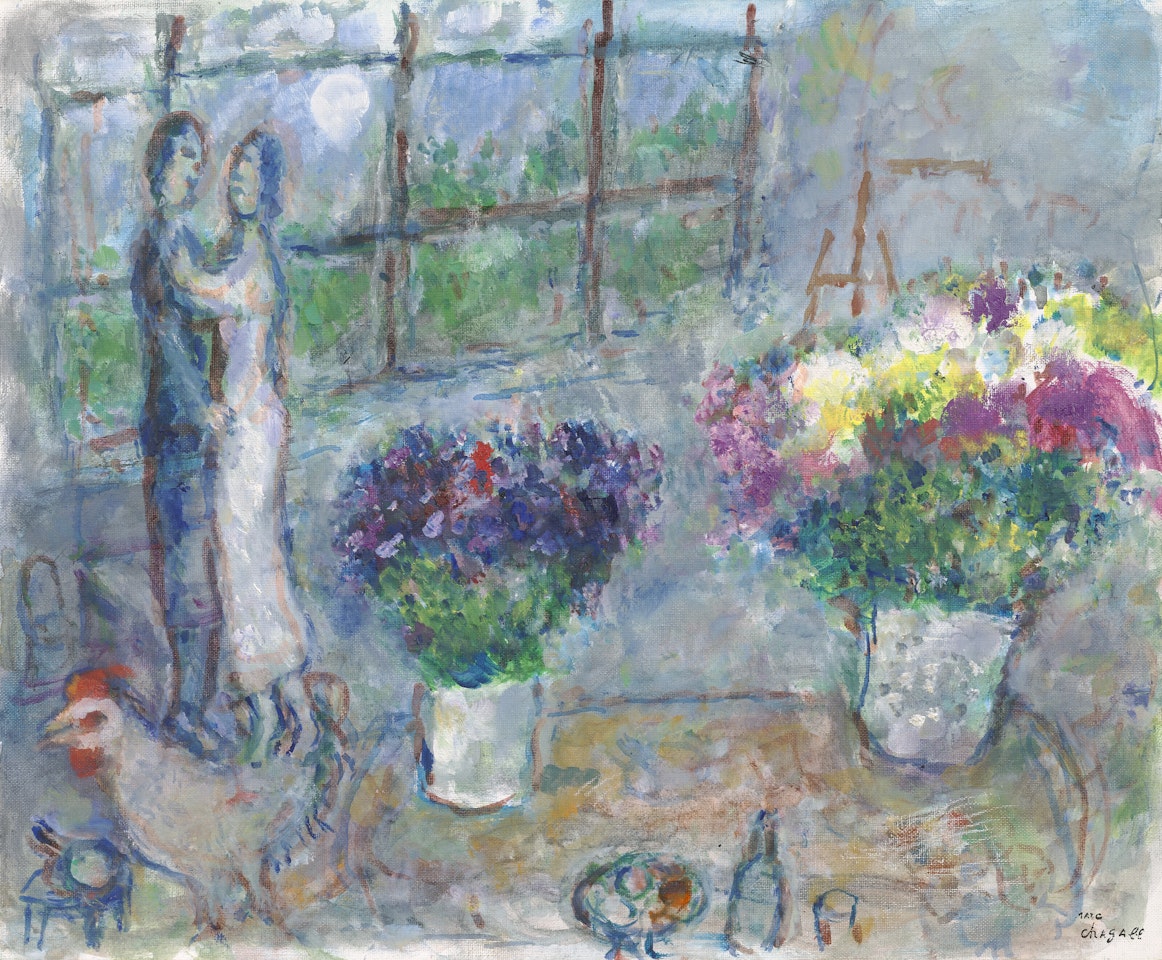 Deux bouquets et les amoureux à l'atelier by Marc Chagall