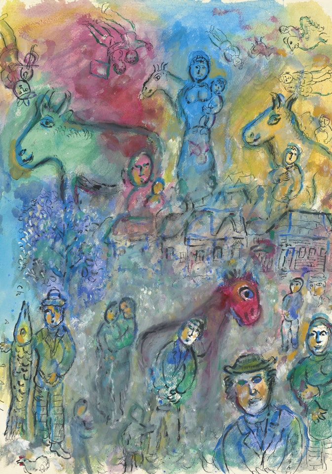 Célébration au village sur fond multicolore by Marc Chagall