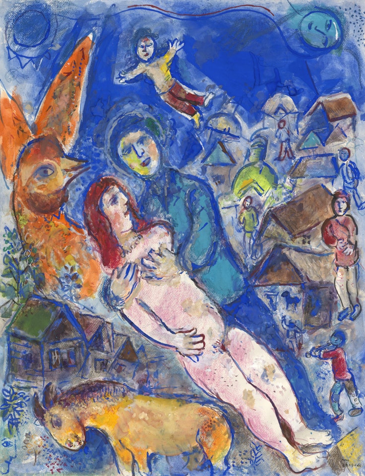 Nu rose et coq ailé orange au village sur fond bleu by Marc Chagall