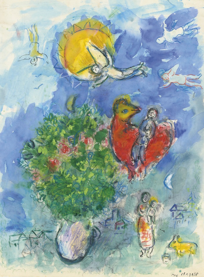 Bouquet et coq rouge sous le grand soleil à la campagne by Marc Chagall