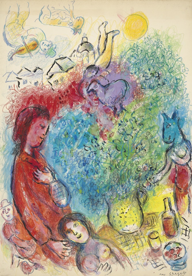 Rencontre autour du bouquet sur la table by Marc Chagall