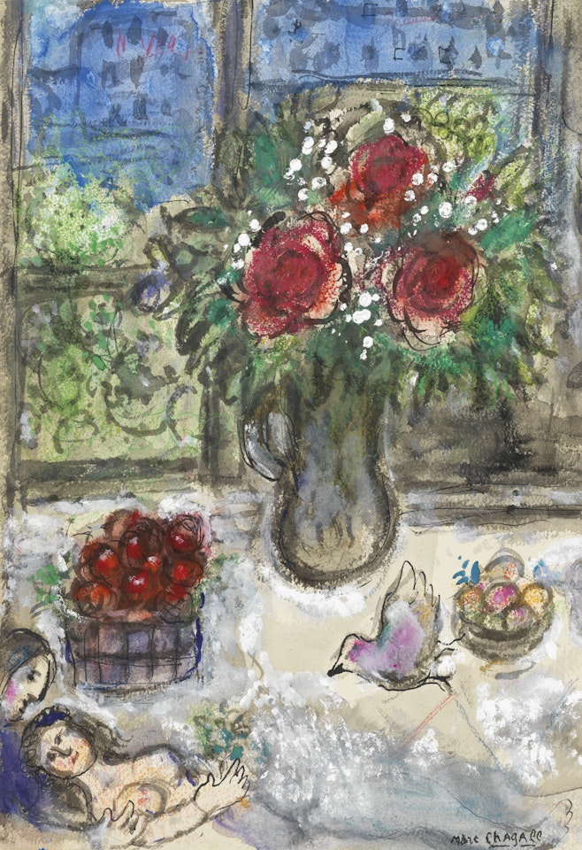 Idylle aux fleurs et fruits devant la fenêtre à Paris by Marc Chagall