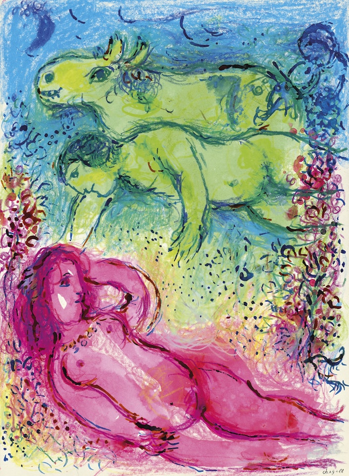 Nus rose et vert et bouc vert by Marc Chagall