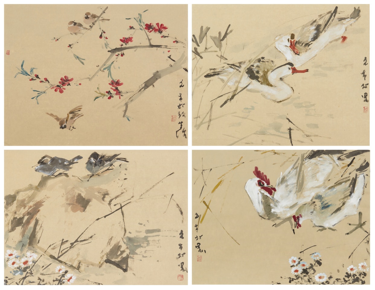 i) Sparrows and flowers  ii) Ducks  iii) Two Birds  iv) Chickens  by Chen Wen Hsi