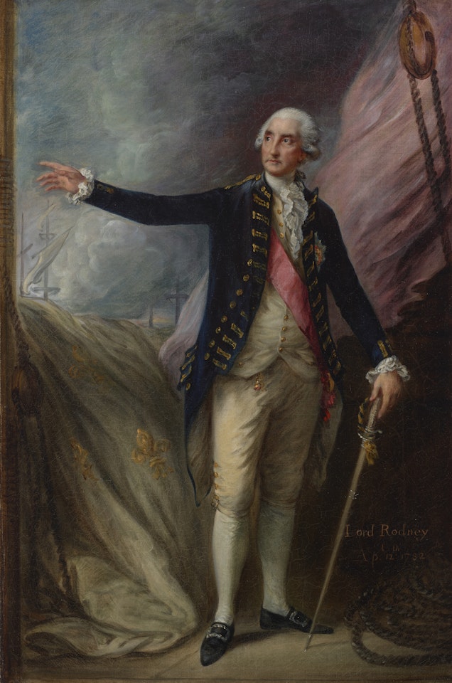Portrait of Admiral George Brydges Rodney, 1st Lord Rodney (1718-1792), full-length, in naval uniform on a ship, with a sea battle in the background by Thomas Gainsborough