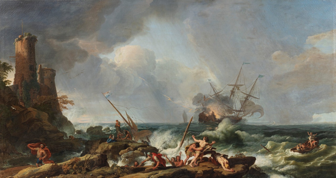 A storm on a rocky coast by Adrien Manglard