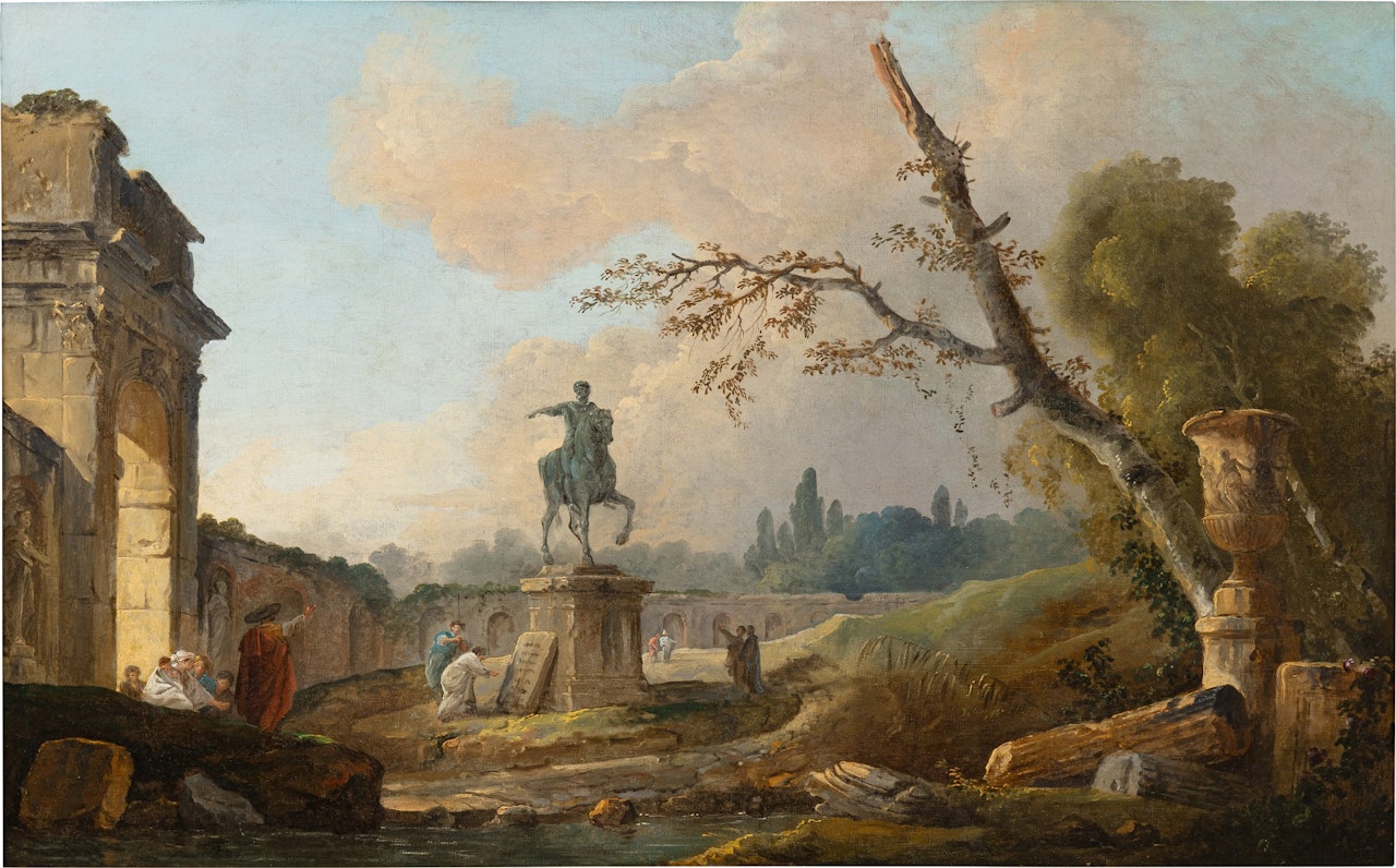Landscape with ruins and the statue of Marcus Aurelius by Hubert Robert