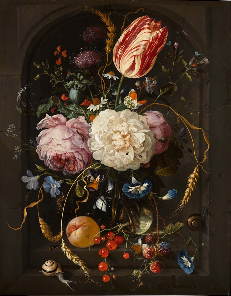 Still life of flowers in a glass vase with insects and fruits in a stone niche by Jan Davidsz de Heem