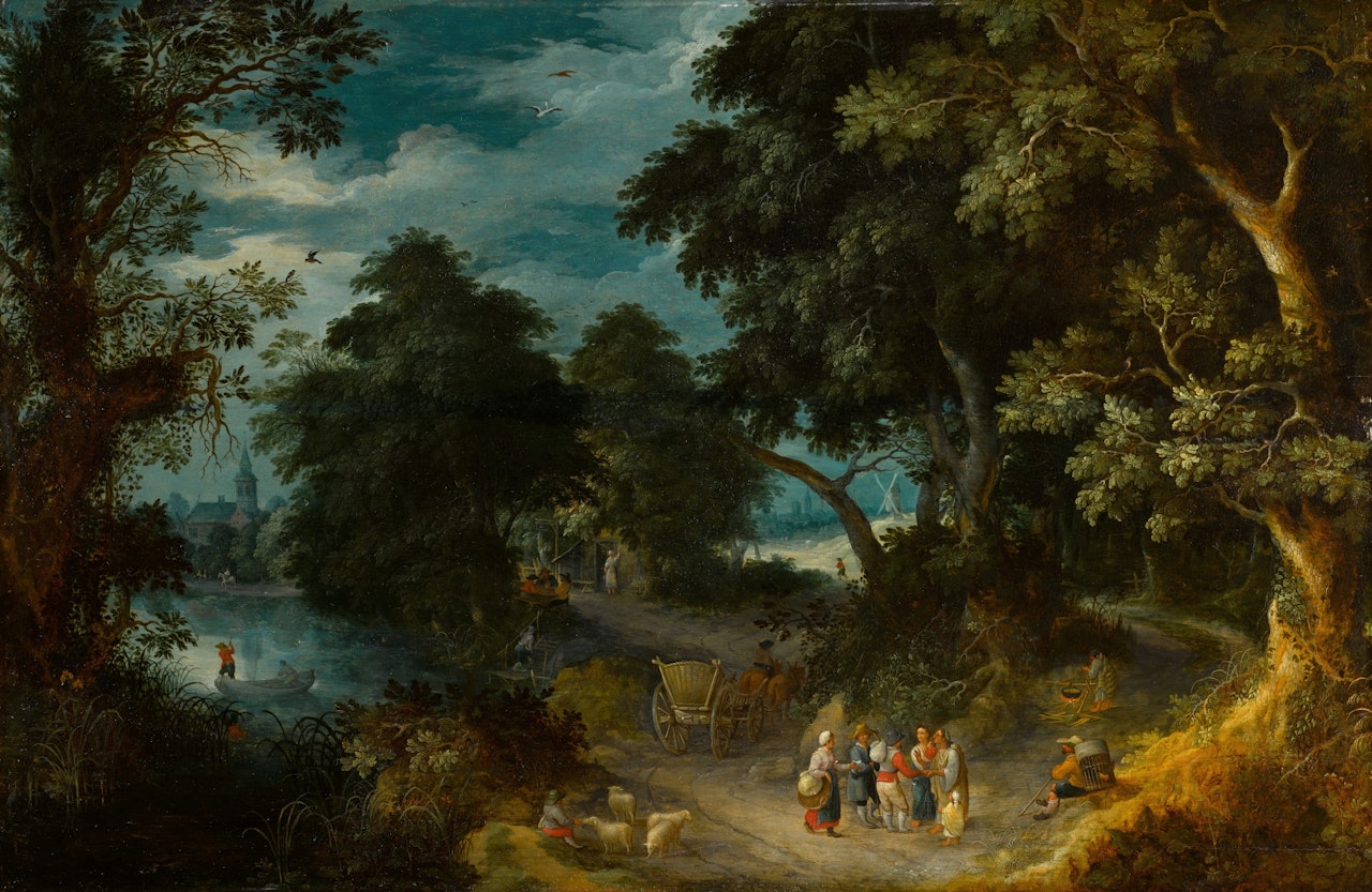 A wooded river landscape with travellers and peasants on a path, men in a boat and a village beyond by Abraham Govaerts