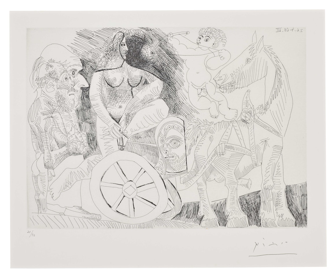 Char Romain monté par un athlète féminin, avec Amour et vieillards, from La Série 347 by Pablo Picasso