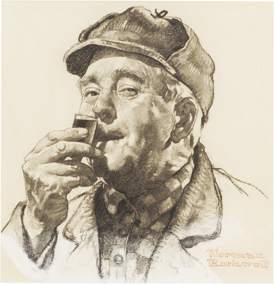 It's the Cream of Kentucky, It's the Favorite of the World (Portrait of Hunter Sniffing Drink) by Norman Rockwell