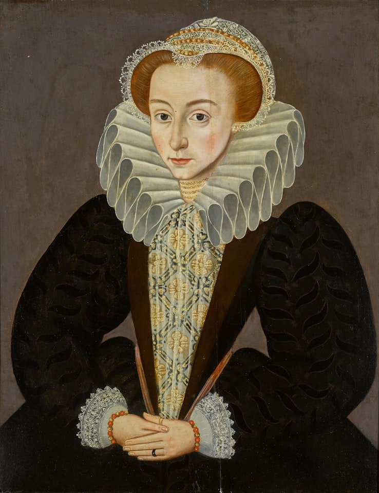 Portrait of a young woman in a lace bonnet and cartwheel ruff by English School