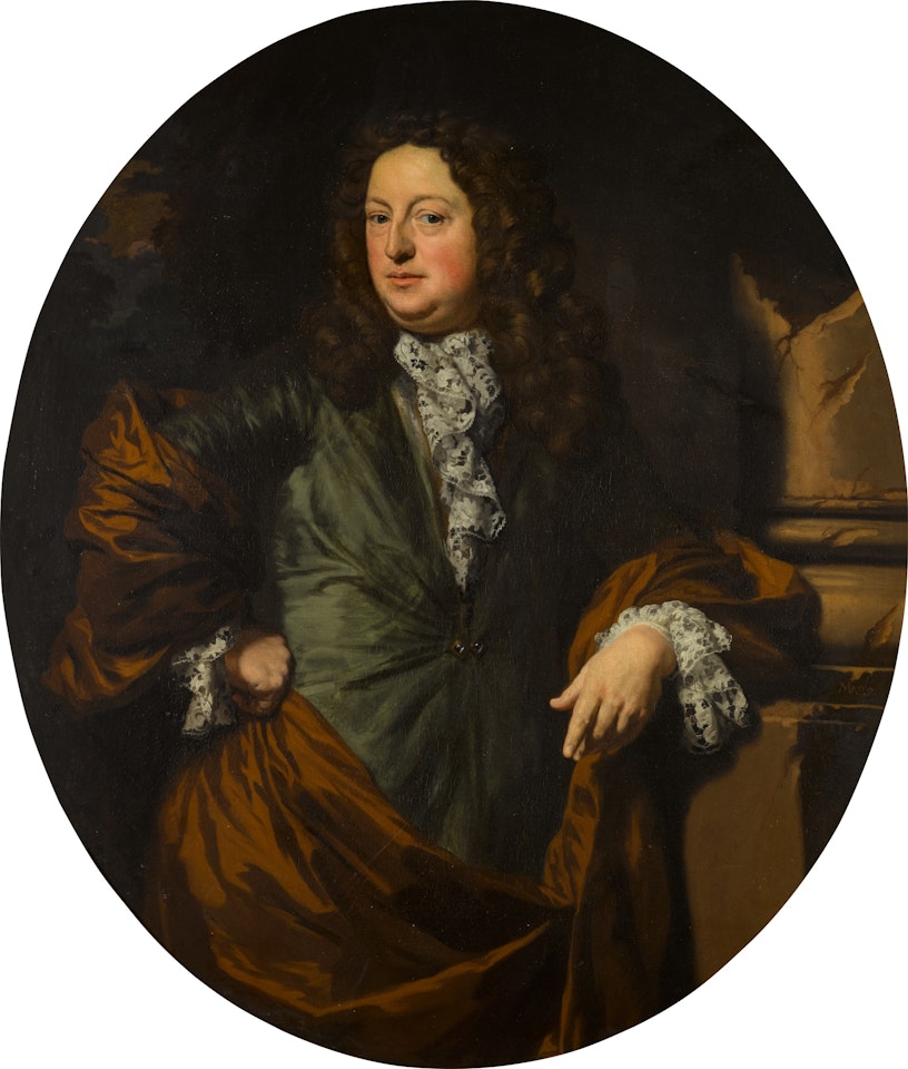 Portrait of Jean Baptist Everard de Borchgrave (1613–1684), three-quarter-length, wearing a green jacket with a white ruff and yellow drape, leaning on a broken column by Nicolaes Maes